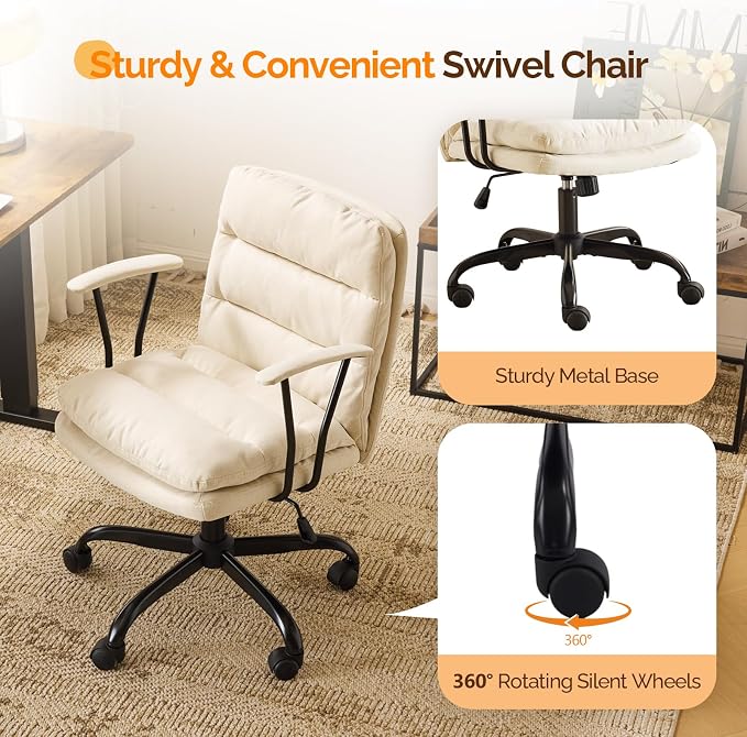 VINGLI Comfortable Office Desk Chairs with/No Wheels,Dual-Base,Removable Armrests,Adjustable Comfy Swivel Computer Task Nail Tech Chair for Office,Sewing,Makeup Vanity,Teen,Linen Fabric,Pale Yellow