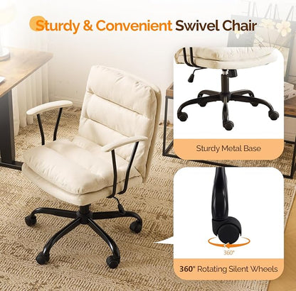 VINGLI Comfortable Office Desk Chairs with/No Wheels,Dual-Base,Removable Armrests,Adjustable Comfy Swivel Computer Task Nail Tech Chair for Office,Sewing,Makeup Vanity,Teen,Linen Fabric,Pale Yellow