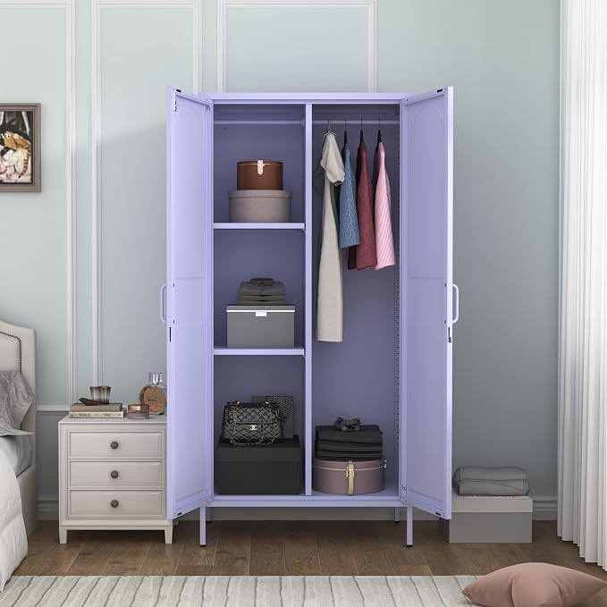 Lockable Metal Wardrobe Closet with Hanging Rod and 3 Adjustable Shelves,67" Metal Storage Cabinet with 2 Doors,Steel Armoire Wardrobe Closet for Bedroom Living Room Cloak Room (Purple)