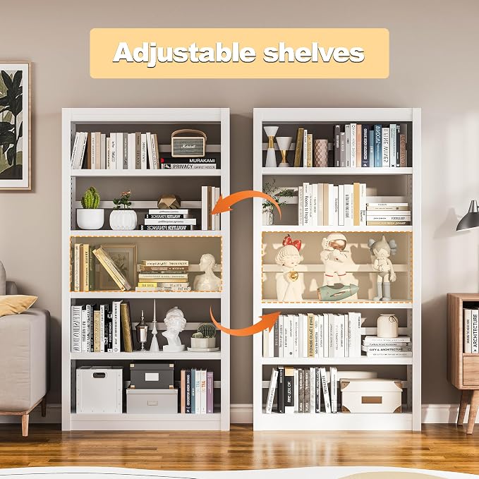 5 Tier Metal Bookcase,69'' Tall Heavy Duty Bookshelf with Open,White Large Adjustable Bookshelves,Sturdy Modern Heavy Duty Display Bookcases for Library,Office,Study Room,Living Room