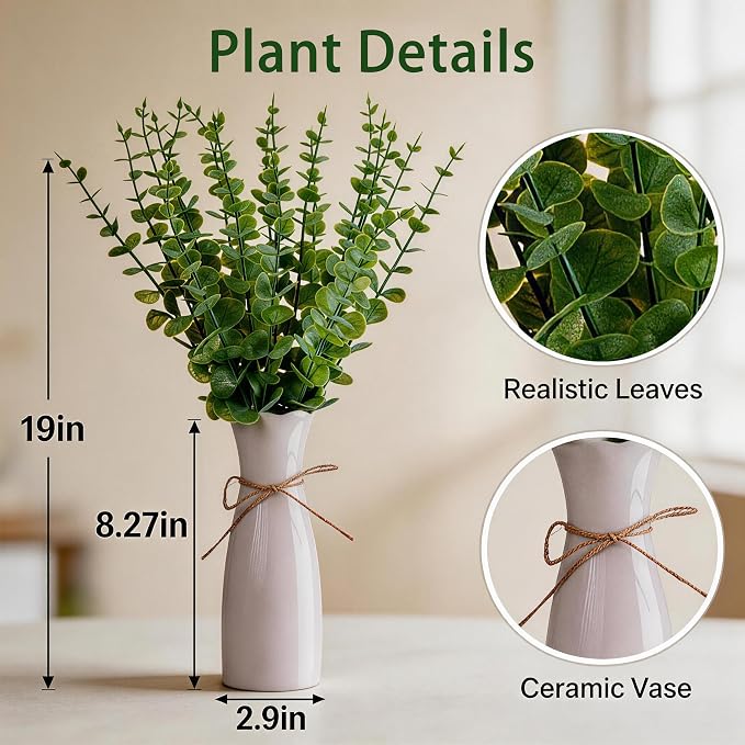 Artificial Eucalyptus Stems with White Vase,19 Inch Small Fake Plants Indoor,Faux Greenery Plant for Farmhouse Home Decor,Bathroom Living Room Kitchen Office Shelf Coffee Table Centerpiece