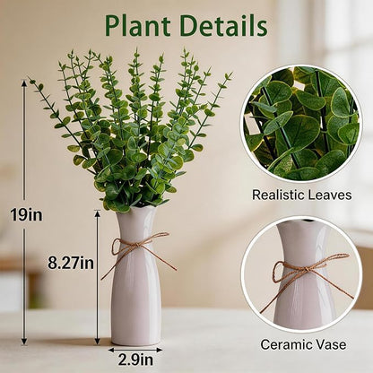 Artificial Eucalyptus Stems with White Vase,19 Inch Small Fake Plants Indoor,Faux Greenery Plant for Farmhouse Home Decor,Bathroom Living Room Kitchen Office Shelf Coffee Table Centerpiece