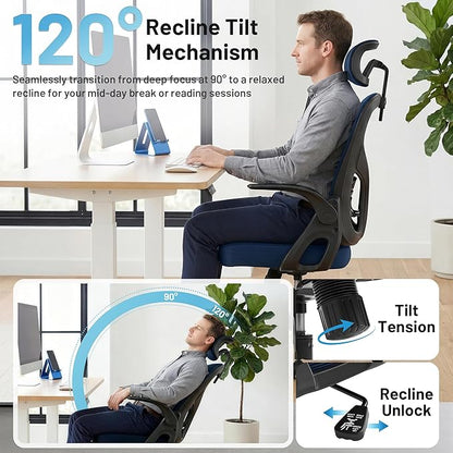 Office Chair Ergonomic Desk Chair with Adjustable Headrest Lumbar Support, High Back Breathable Mesh Chair with 120° Tilt & Flip-Up Armrests, Swivel Comfy Task Computer Chair for Work, Study