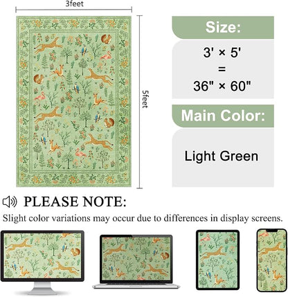 DUKINO 3x5 Rug, Washable Animal Area Rug with Non Slip Vintage Design, Indoor Soft Low Pile Carpet for Bedroom, Nursery, Dining Room, Farmhouse, Playroom, Light Green