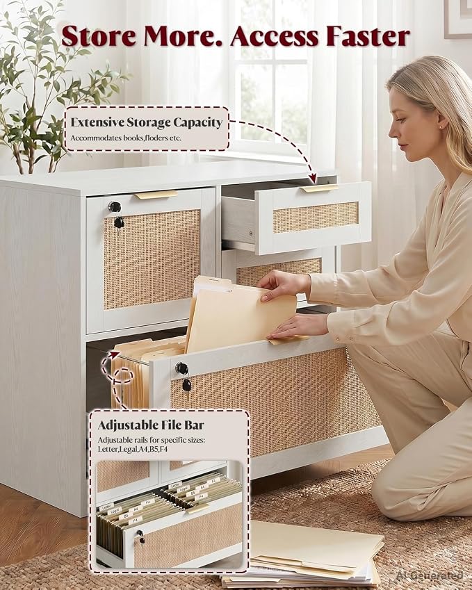 HOPUBUY 4 Drawer File Cabinet with Lock, Printer Stand Lateral Filing Cabinets for Home Office and School, Wood Rattan File Cabinet for Hanging Files/Letter/Legal/A4/F4 Size, White