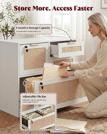 HOPUBUY 4 Drawer File Cabinet with Lock, Printer Stand Lateral Filing Cabinets for Home Office and School, Wood Rattan File Cabinet for Hanging Files/Letter/Legal/A4/F4 Size, White