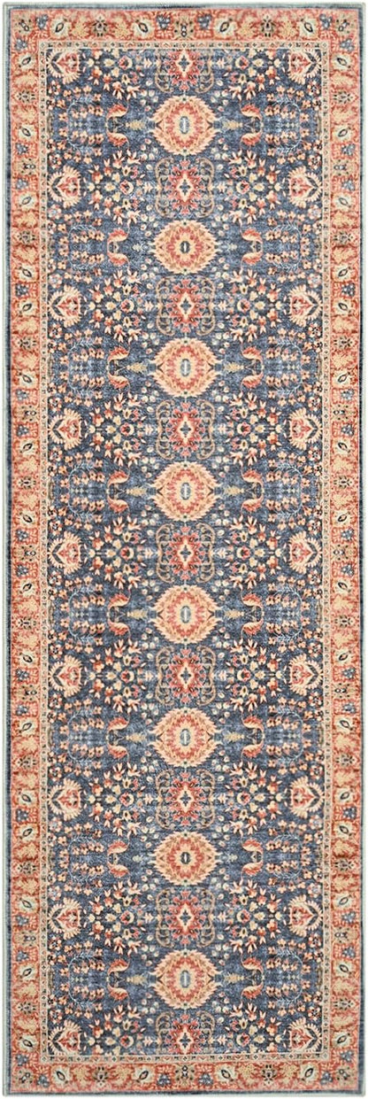Goideal Washable Runner Rug 2x6, Vintage Rugs Non Slip, Indoor Low Pile Carpet with Rubber Backing for Kitchen Bathroom Entryway Office Bedroom,Navy Blue & Orange