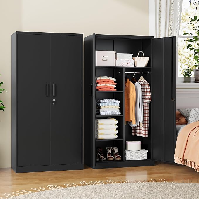 72" H Metal Garage Storage Cabinets, Lockable Broom Closet Cabinet with Hanging Rod & Doors, 5-Tier Steel Utility Cabinets for Garage, Laundry Room, Warehouse Storage, Black