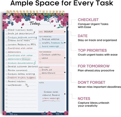Taja To Do List Notepad - To Do List Notebook for Work with 52 Sheets, 9.8" x 6.5", Undated Daily Planner Perfect for Daily Tasks and Goal Setting, Notepad Suitable for Office, Home & School - Twilight Petals