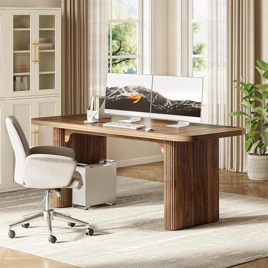 LITTLE TREE 62-Inch Computer Desk, Large Simple Writing Desk with Fluted Doube Pedestal, Modern Home Office Desk, Wooden 5 Ft Small Conference Meeting Seminar Table, Dark Walnut