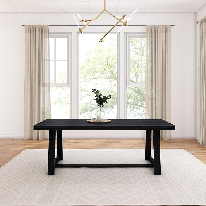 Plank+Beam 84 Inch Farmhouse Dining Table, Solid Wood Rustic Kitchen Table, Large Wooden Rectangular Dinner Table for Dining Room, Home Office, Living Room Furniture, Easy Assembly, Black Wirebrush