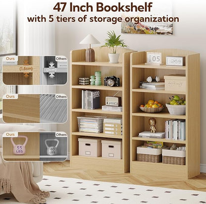 ALISENED 5-Tier Bookcase, Open Bookshelves and Bookcases with Storage Shelves, Floor Standing Unit, Display Storage Shelves for Bedroom Library Living Room Home Office, Vintage Oak