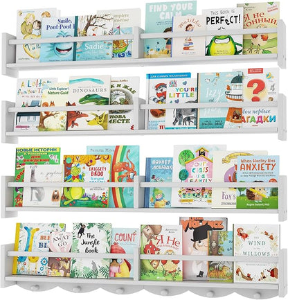 34Inch Nursery Bookshelves,Set of 4,Wall Floating Shelf Kids Coat Rack with 6Hooks,Hanging Book Shelf for Baby Nursery Room Décor ，Patent Number: 29958098(White, 34)