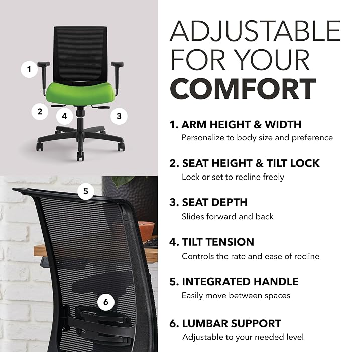 HON Convergence Ergonomic Office Chair with Mesh Back, Adjustable Arms, Lumbar Support, Synchro‑Tilt Desk Chair with Wheels for Home Office or Computer Use, Black Frame, Pear