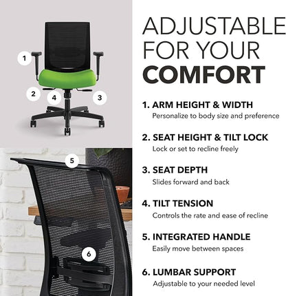 HON Convergence Ergonomic Office Chair with Mesh Back, Adjustable Arms, Lumbar Support, Synchro‑Tilt Desk Chair with Wheels for Home Office or Computer Use, Black Frame, Pear