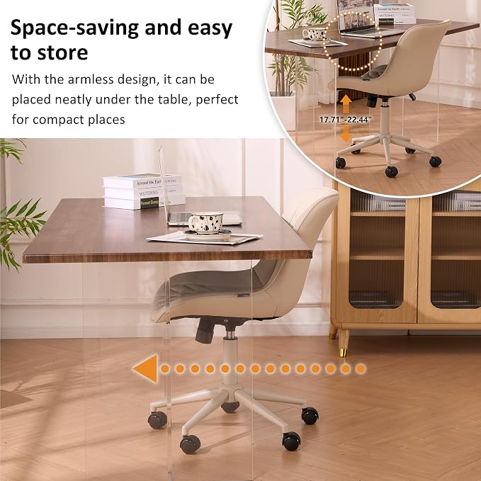 YOUNIKE Cream Faux Leather Ergonomic Office Chair Armless Comfy Desk Chair with Rocking Back Cute Swivel Vanity Chair with Wheels Height Adjustable Small Computer Task Chair for Sewing Drafting