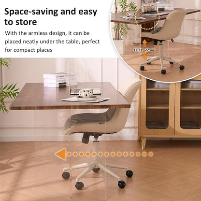 YOUNIKE Cream Faux Leather Ergonomic Office Chair Armless Comfy Desk Chair with Rocking Back Cute Swivel Vanity Chair with Wheels Height Adjustable Small Computer Task Chair for Sewing Drafting
