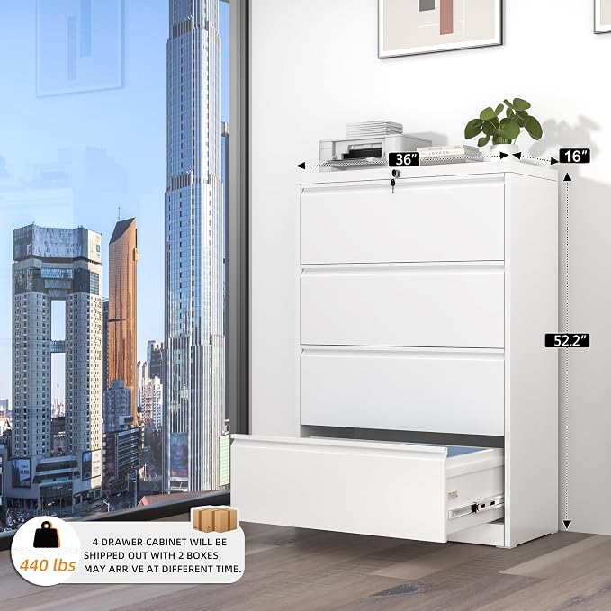 INTERGREAT 4 Drawer Lateral File Cabinet,White Lateral Filing Cabinet with Lock, 36" W Metal Steel Horizontal File Cabinets for Home Office, Easy Assembled