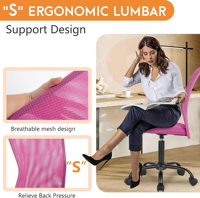 FDW Home Office Chair Mid Back Mesh Desk Chair Armless Computer Ergonomic Task Rolling Swivel Chair Back Support Adjustable Modern with Lumbar Support (Pack of 3, Pink)