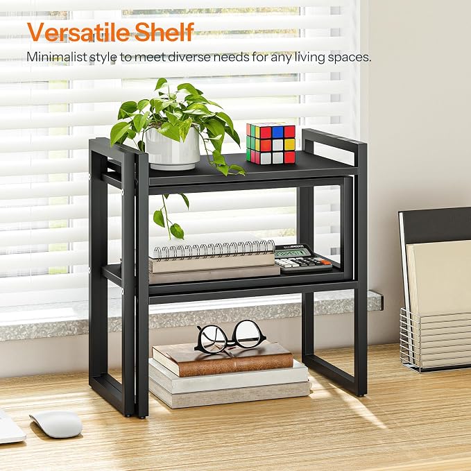 HOOBRO Desk Shelf Organizer, Adjustable Desktop Bookshelf, 2-Tier Shelf for Top of Desk, Wooden Office Storage Rack, for Office, Study, Kitchen, Dorm, Black BB39SJ01