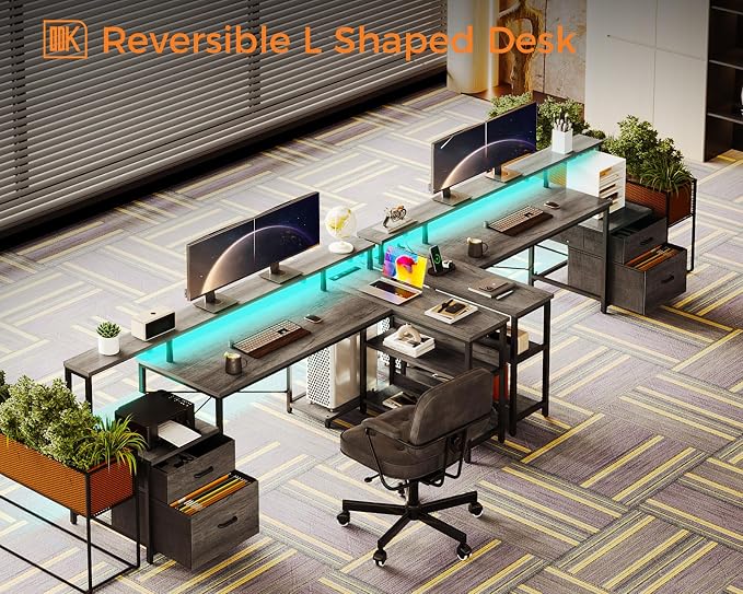 ODK L Shaped Desk with File Drawer, 66" Reversible L Shaped Computer Desk with Power Outlet & LED Strip, Office Desk with Storage Shelves, Gaming Desk with Monitor Shelf, Corner Desk, Grey Oak