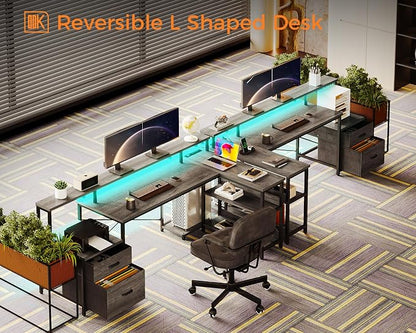 ODK L Shaped Desk with File Drawer, 66" Reversible L Shaped Computer Desk with Power Outlet & LED Strip, Office Desk with Storage Shelves, Gaming Desk with Monitor Shelf, Corner Desk, Grey Oak