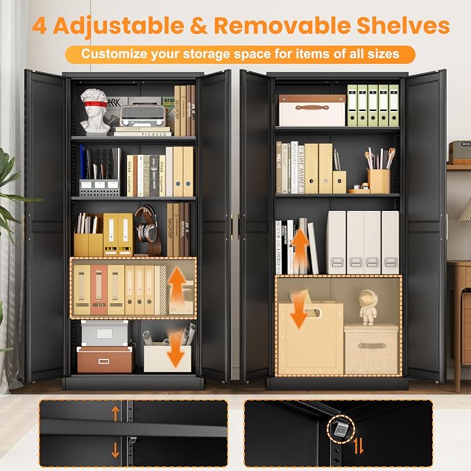 71" Metal Pantry Cabinet,Storage Cabinet with Doors and Shelves | Metal Storage Cabinet,Gold Handles,Adjustable Shelves,Magnetic Doors,Leveling Feet,Anti-tipping,for Kitchen/Garage Black