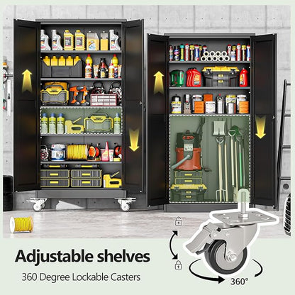 Metal Garage Storage Cabinets and storage system, 74”Tall Rolling utility cabinet with Wheels, Lock, 5 Adjustable Shelves, Heavy Duty Steel Tool Locker for Home Office, Utility Room, Gym,Black