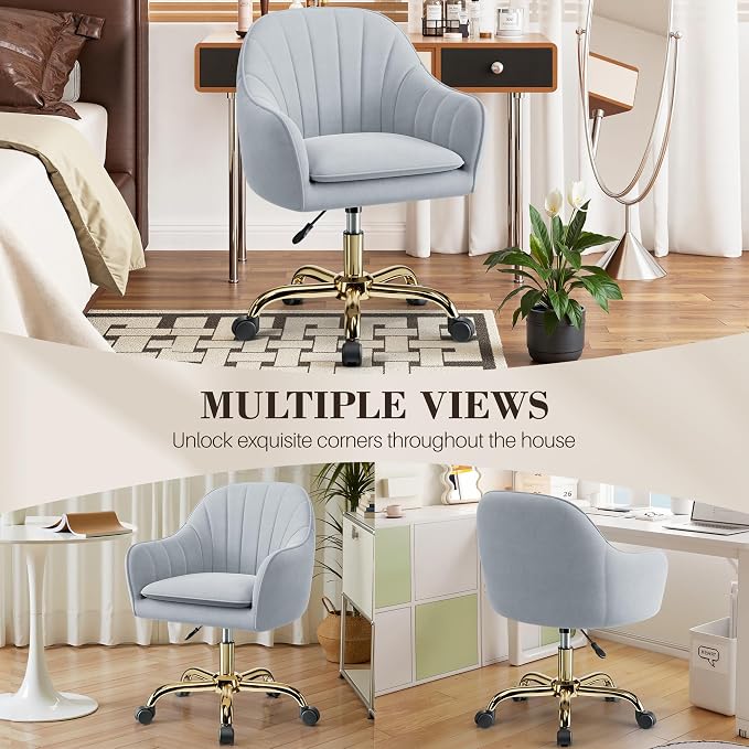 Vanity Chair with Wheels, Comfy Home Office Desk Chairs Adjustable Modern Velvet Makeup Vanity Chairs for Bedroom Living Room-Gray