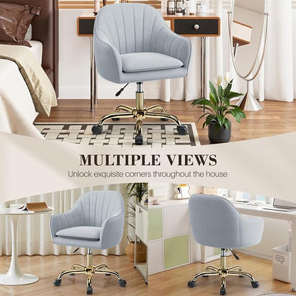 Vanity Chair with Wheels, Comfy Home Office Desk Chairs Adjustable Modern Velvet Makeup Vanity Chairs for Bedroom Living Room-Gray