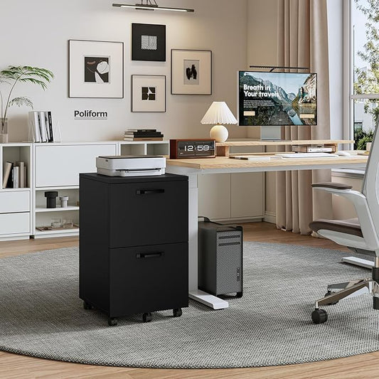 DUMOS 2 Drawer Filing Cabinet, Rolling Wood File Cabinet for Home Office, Under Desk Storage with Lockable Wheels, Printer Stand, Office Organizer, Black
