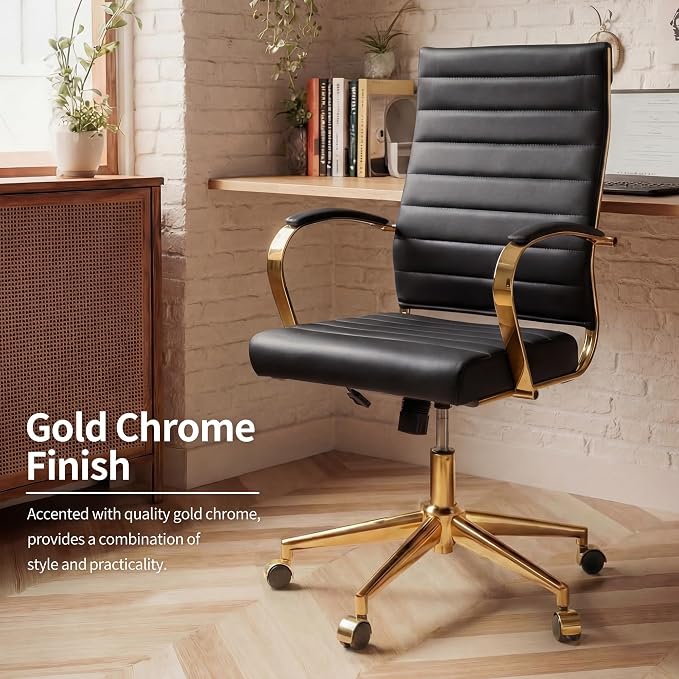 Okeysen Gold Office Desk Chair, Ergonomic Leather Modern Conference Room Chairs, Executive Ribbed Height Adjustable Swivel Rolling Golden Chair for Home Office.