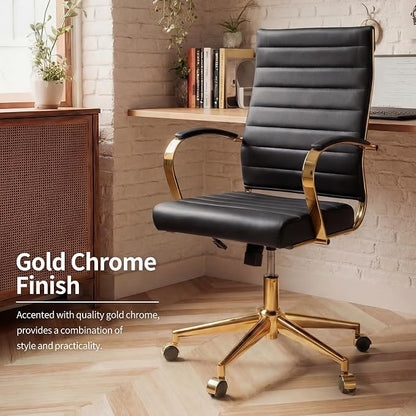 Okeysen Gold Office Desk Chair, Ergonomic Leather Modern Conference Room Chairs, Executive Ribbed Height Adjustable Swivel Rolling Golden Chair for Home Office.