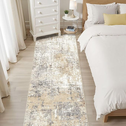 Runner Rug Kitchen Washable Rugs: 2x5 Non-Slip Abstract Soft Modern Stain Resistant Indoor Floor Neutral Accent Throw Carpet for Hallway Bathroom Laundry Room Entryway Bedroom- Gray Gold