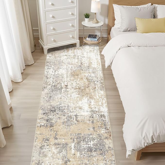 Runner Rug Kitchen Washable Rugs: 2x8 Non-Slip Abstract Soft Modern Stain Resistant Indoor Floor Neutral Accent Throw Carpet for Hallway Bathroom Laundry Room Entryway Bedroom- Gray Gold