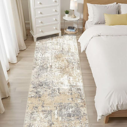 Runner Rug Kitchen Washable Rugs: 3x8 Non-Slip Abstract Soft Modern Stain Resistant Indoor Floor Neutral Accent Throw Carpet for Hallway Bathroom Laundry Room Entryway Bedroom- Gray Gold