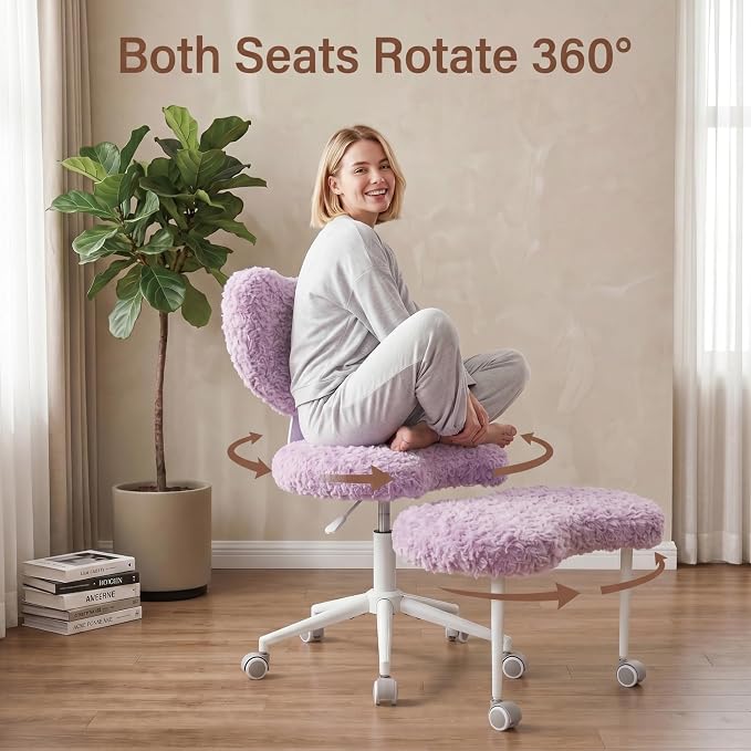 Cross Legged Office Chair with Wheels, 360 Swivel Height-Adjustable Meditation Chair with Lumbar Support, Artificial Rabbit Hair Fabric, Violet