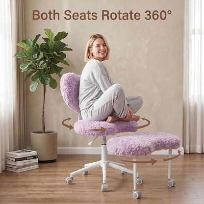 Cross Legged Office Chair with Wheels, 360 Swivel Height-Adjustable Meditation Chair with Lumbar Support, Artificial Rabbit Hair Fabric, Violet