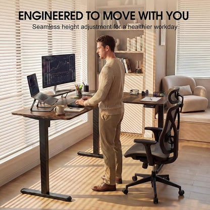 Furmax 63 x 47 Inch L Shaped Standing Desk with 2 Preset Heights, Electric Height Adjustable Computer Desk, Corner Sit Stand Desk for Home Office, 2 Hooks & Feet Balance (Rustic Brown, 63 x 47 Inch)