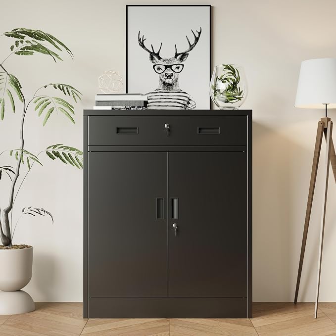 BESFUR Metal Storage Cabinet with Doors and Shelves, 36" H Locking Storage Cabinet with 1 Drawers, Reinforced Heavy Duty Metal Cabinets for Garage, Office, Home(Black)