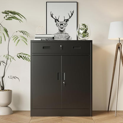 BESFUR Metal Storage Cabinet with Doors and Shelves, 36" H Locking Storage Cabinet with 1 Drawers, Reinforced Heavy Duty Metal Cabinets for Garage, Office, Home(Black)