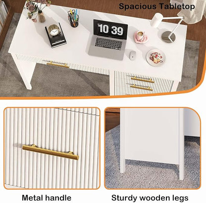 White Executive Desk with Drawers: 54" Wood Computer Desk with File Drawer, Modern Home Office Desks with Storage, Fluted Writing Desks for Working, Studying (White, 54")
