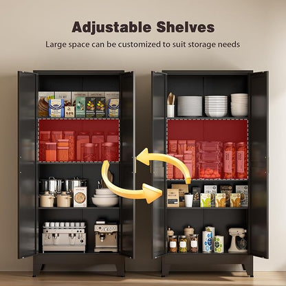 61" Tall Metal Pantry Cabinet, Kitchen Storage Cabinet with 2 Doors and 3 Adjustable Shelves for Kitchen, Living Room, Dining Room, Bathroom and Home, Office (Black, 1PC)