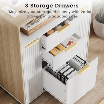 ModernMate Fluted Mobile Office File Cabinet with 3 Drawers, 37" Rolling Storage Cabinet with Charging Station, Small Printer Stand for Home Office, Light Walnut