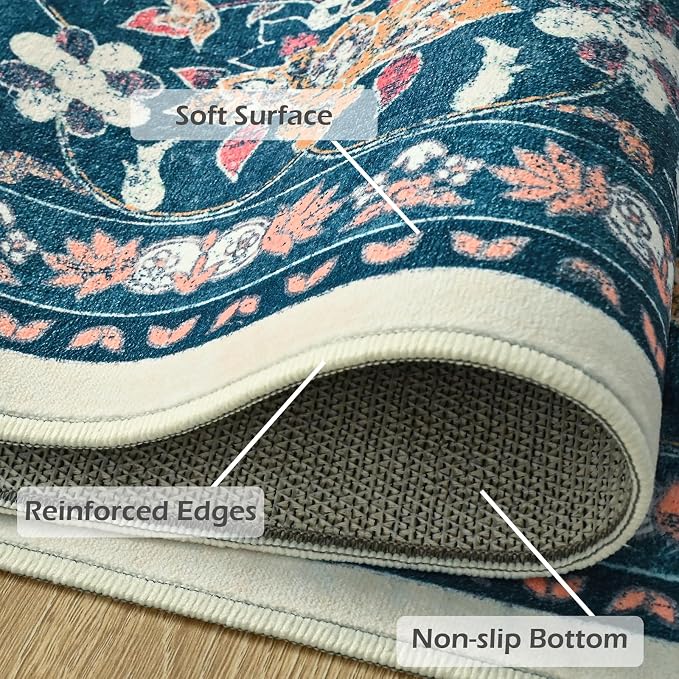 Goideal Washable Rug 5x7, Vintage Area Rugs Non Slip, Indoor Low Pile Carpet with Rubber Backing for Living Room Kitchen Bathroom Entryway Office Bedroom,Cream & Navy