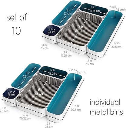 Three by Three Seattle 10 Piece Metal Organizer Tray Set for Storing Makeup, Stationery, Utensils, and More in Office Desk, Kitchen and Bathroom Drawers (2 Inch, Assorted Blue and Stripes)