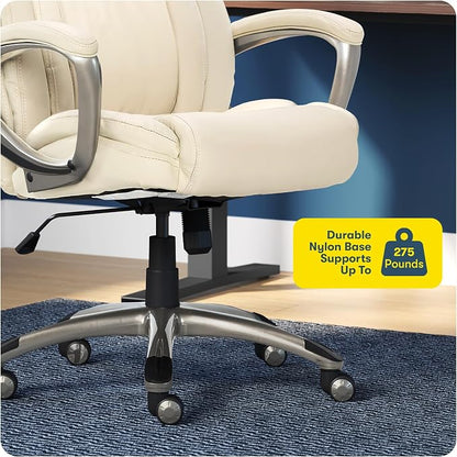 Serta Garret Executive Office Chair, Ergonomic Mid-Back with Lumbar Support, Semi-Plush Cushion and Body Pillows, Padded Armrests, Swivel Base, Bonded Leather, Ivory White