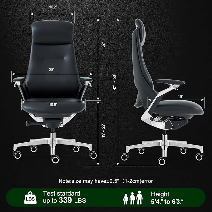 Ergonomic Executive Leather Office Chair-High Back Top Grain Leather with Adjustable Headrest, 3-Position Recline (90°-135°), Tension Control & Height Adjustment, Italian DONATI Base