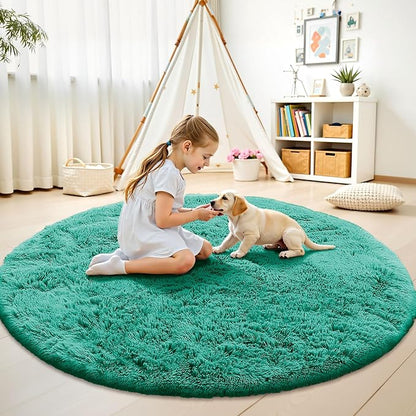 OLANLY Teal Green Round Rugs for Bedroom - Machine Washable, 6 ft Circle Area Rugs for Living Room, Soft and Fluffy Shaggy Carpet for Teen Girl and Boys, Nursery Rooms, Dorms, Home Decor Aesthetic