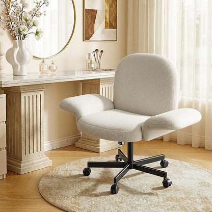 Marsail Criss Cross Office Chair with Adjustable Armrests & Wheels, Vanity Chair with Wide Cushion, Reclining Back, Soft Chenille Fabric, Desk Chair for Home Office, Makeup Room, Bedroom, White